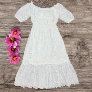Betsey Johnson White Midi Eyelet Lace Off Shoulder Puff Sleeve Cotton Dress L